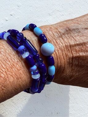 Hand Crafted Deep and Sky Blue Glass Bead Bracelet Set